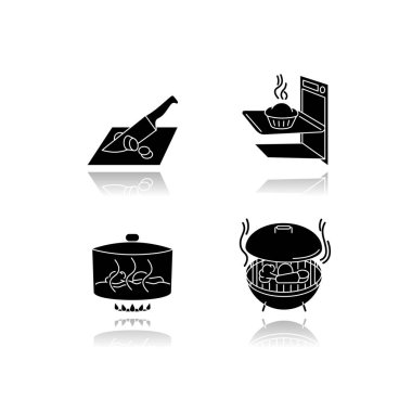 Cooking methods drop shadow black glyph icons set. Various culinary techniques, food preparation process. Cutting, baking, stewing and grilling isolated vector illustrations on white space clipart