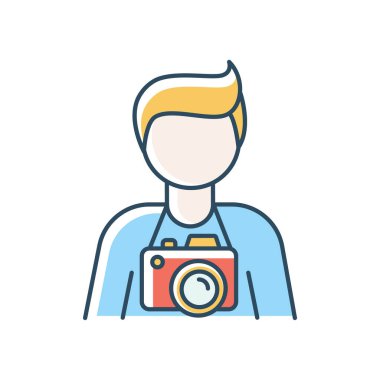 Serbest fotoğrafçı, operatör mavi RGB renk simgesi. Fotomuhabir, paparazzi, kameraman. Fotoğraf stüdyosu çalışanı, profesyonel kameraman. Fotoğraf sanatı. İzole vektör illüstrasyonu
