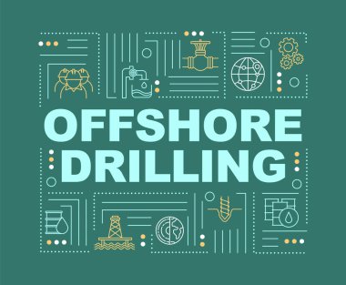 Offshore sondaj sözcüğü pankart kavramları. Derin su madenciliği için mekanik teknoloji. Yeşil arkaplanda doğrusal simgeleri olan bilgi grafikleri. İzole tipografi. Vektör çizgisi RGB renk çizimi