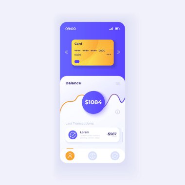 Bankacılık uygulaması akıllı telefon arayüz vektör şablonu. Mobil uygulama sayfası ışık teması tasarımı düzeni. Hesap bakiyesi bilgi ekranı. Başvuru için düz UI. İnternet cüzdan telefon görüntüsü