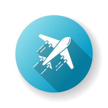 Uçak mavisi düz dizayn uzun gölge simgesi. Havayolları ile uçuş. Uçaktan hedefe. Yurtdışına seyahat. Uçakla uluslararası yolculuk. Turizm, seyahat. Siluet RGB renk çizimi