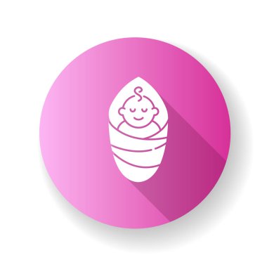 Bebek pembe düz tasarım uzun gölge sembolü. Küçük bir çocuk. Küçük çocuk gülümsüyor. Çocuk uyuyor. Sevimli bir aile üyesi. Sosyal medya hikayesi için ebeveyn işaretleri. Siluet RGB renk çizimi