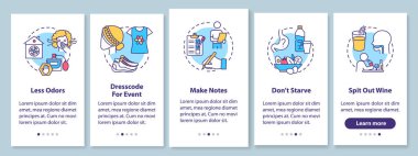 Şarap tatma gezici uygulama sayfası ekranında kavramlarla birlikte. Şarap içme etkinliği adabı ve kuralları 5 aşamalı grafik talimatlar. RGB renk resimleriyle UI vektör şablonu