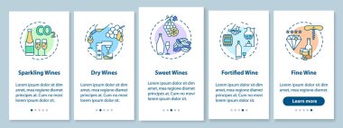Şarap tatma gezici uygulama sayfası ekranında kavramlarla birlikte. Üzüm alkolü farklı türde. 5 aşamalı grafik talimatları gözden geçir. RGB renk resimleriyle UI vektör şablonu