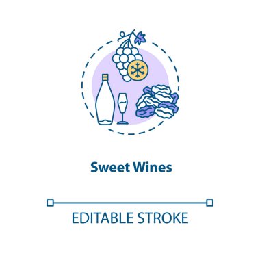 Tatlı şaraplar konsepti ikonu. Klasik alkol arıtma fikri ince çizgi çizimi. Geç hasat üzümlerinden lezzetli bir içecek. Vektör izole edilmiş RGB renk çizimi. Düzenlenebilir vuruş