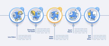 Şarap tatma vektörü bilgi şablonu. Restoran etkinliği görgü kuralları sunumu tasarım unsurları. Veri görselleştirmesi 5 adımda. Zaman çizelgesi. Doğrusal simgelerle çalışma akışı düzeni