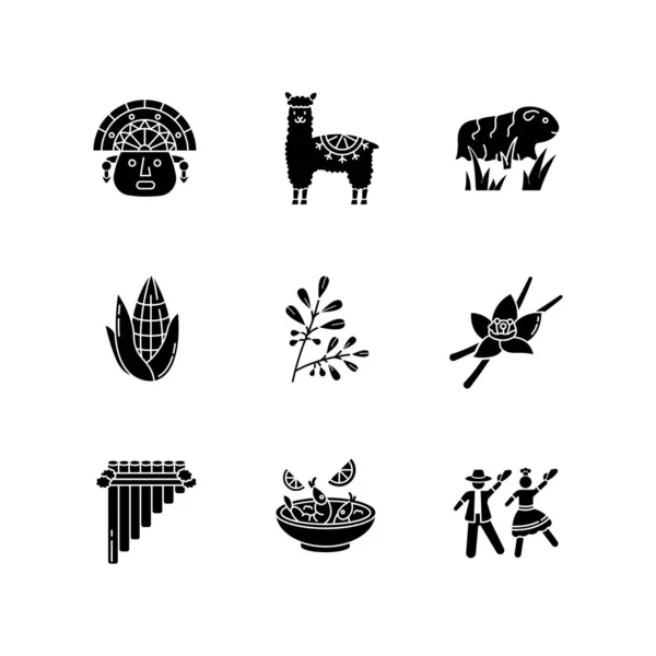 Perus Schwarze Glyphen Symbole Auf Weißem Raum Hispanische Geschichte Traditionen — Stockvektor