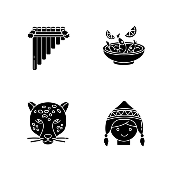 Perus Schwarze Glyphen Symbole Auf Weißem Raum Peruanische Kunst Küche — Stockvektor