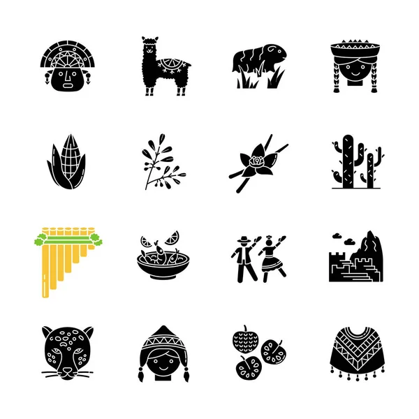 Perus Schwarze Glyphen Symbole Auf Weißem Raum Peruanische Sehenswürdigkeiten Kultur — Stockvektor