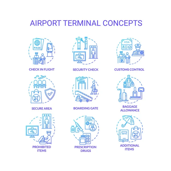 Havaalanı Terminali Konsept Simgeleri Ayarlandı Güvenlik Kontrolü Biniş Kapısı Fikri — Stok Vektör