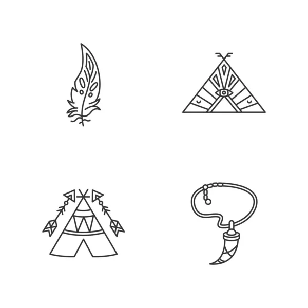 Native American Indian Accessories Pixel Perfect Linear Icons Set Wigwam — Stock Vector