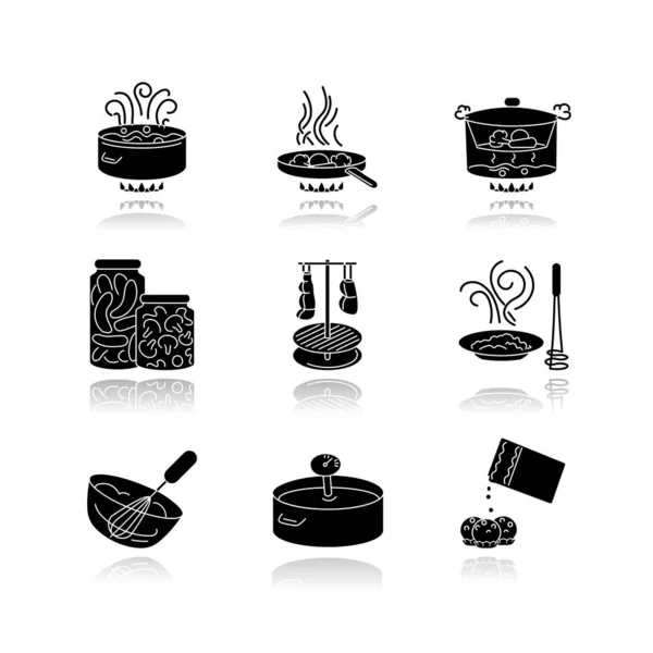 Food Preparation Drop Shadow Black Glyph Icons Set Different Cooking — Stock Vector