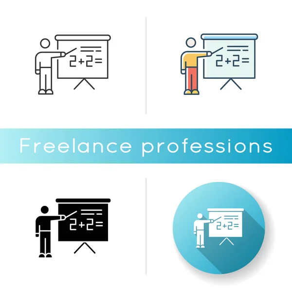 Tutor icon. Freelancer, remote teacher. Online lessons and lectures. Home schooling, distant learning, training and education. Linear black and RGB color styles. Isolated vector illustrations
