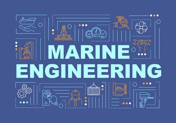 海洋工学用語の概念バナー 船舶製造 水船の整備 青い背景に線形のアイコンを持つインフォグラフィック 孤立したタイポグラフィ ベクトルアウトラインRgbカラーイラスト — ストックベクタ