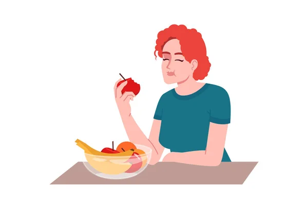 赤い頭の女の子の果物を食べて半フラットRgbカラーベクトルイラスト 健康的な栄養 ビタミンの食事療法 若いです白人女性楽しみます新鮮なリンゴ隔離された漫画のキャラクター上の白い背景 — ストックベクタ