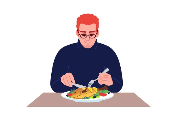 魚介類を食べる赤毛の男半フラットRgbカラーベクトルイラスト レストランでのディナー 白地にレモンと野菜の孤立した漫画のキャラクターとサーモンを楽しむ白人男性 — ストックベクタ