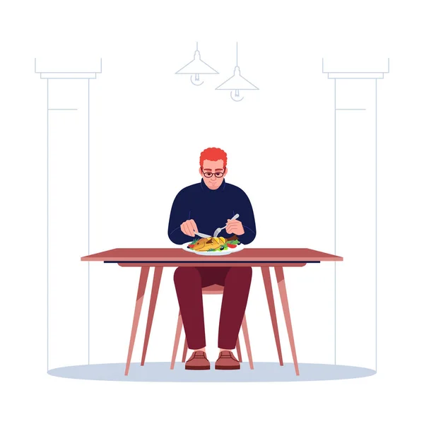 精美的家伙吃海鲜餐厅半平面Rgb彩色矢量插图 红头发的高加索人喜欢吃美味的鱼和蔬菜 喜欢白色背景的孤立卡通人物 — 图库矢量图片