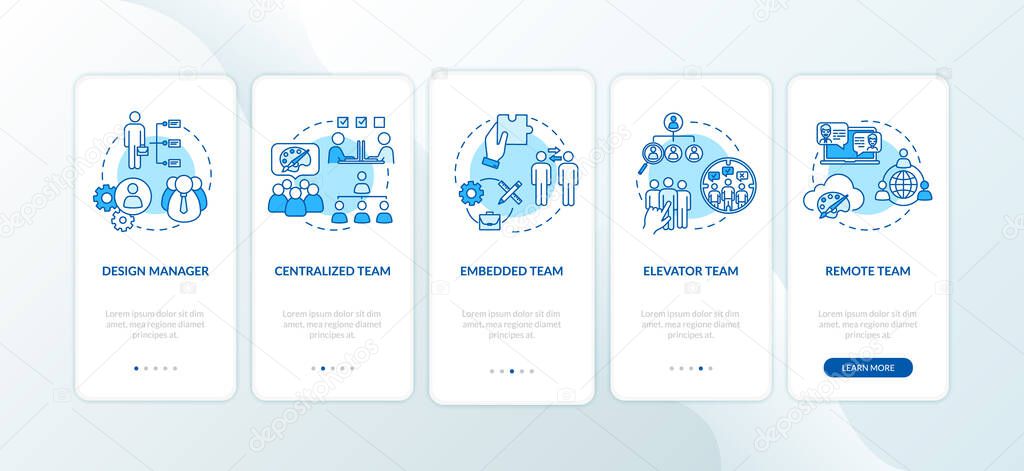 Teamwork types onboarding mobile app page screen with concepts set. Business partner. Assignment delegation walkthrough 5 steps graphic instructions. UI vector template with RGB color illustrations