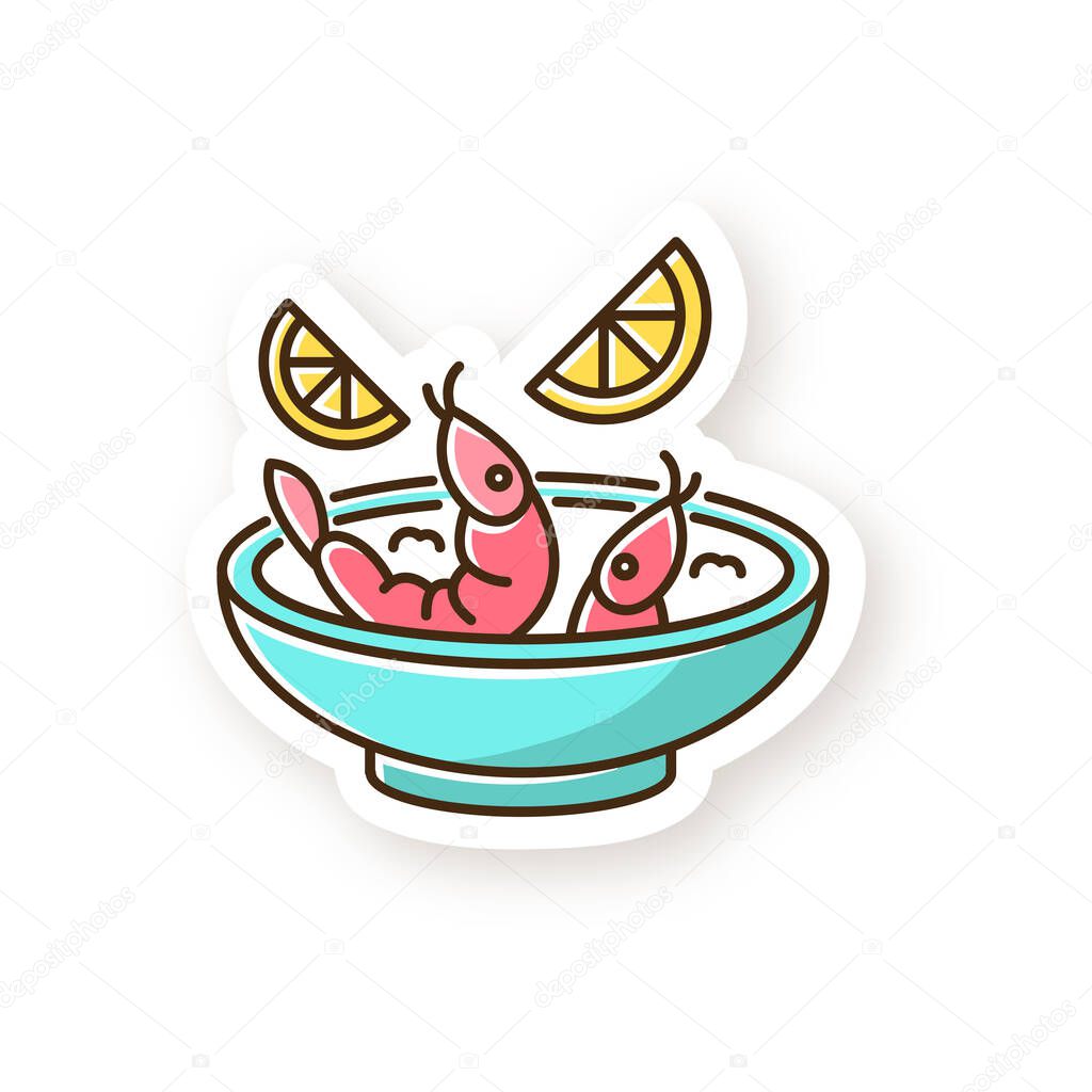 Ceviche patch. Peruvian national dish. Latin american cuisine main course. Shrimp and lemon soup. Seafood salad. Tom yam soup. Asian meal. RGB color printable sticker. Vector isolated illustration