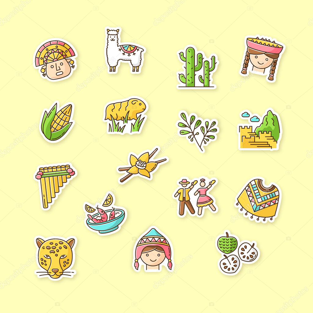 Peru printable patches. Peruvian sights, culture, nature. RGB color stickers, pins and badges set. Alpaca, guinea pig, siku, poncho, cherimoya, ceviche, jaguar. Vector isolated illustrations