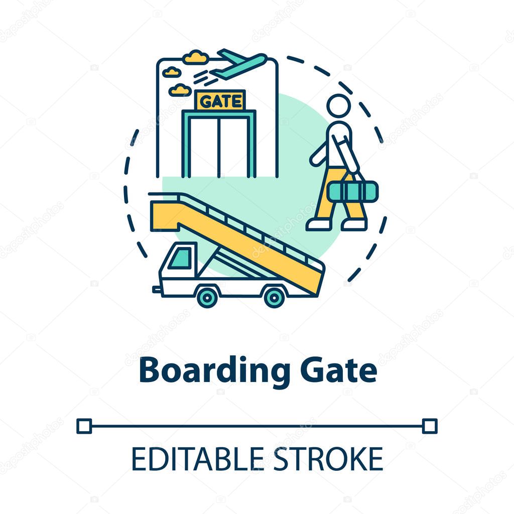 Boarding gate concept icon. Airport terminal. Airplane departure idea thin line illustration. Waiting area. Aircraft entry. Vector isolated outline RGB color drawing. Editable stroke