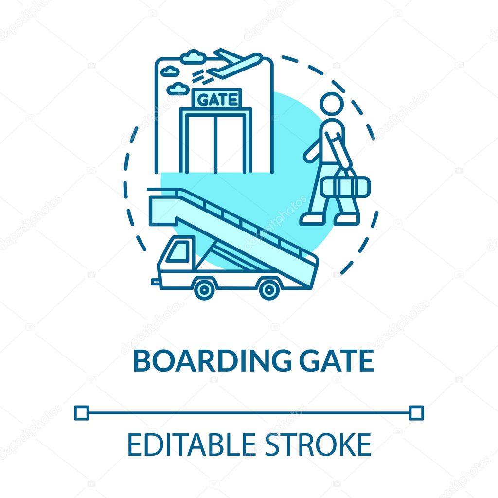 Boarding gate concept icon. Airport terminal. Airplane departure idea thin line illustration. Waiting area. Aircraft entry, jet bridge. Vector isolated outline RGB color drawing. Editable stroke