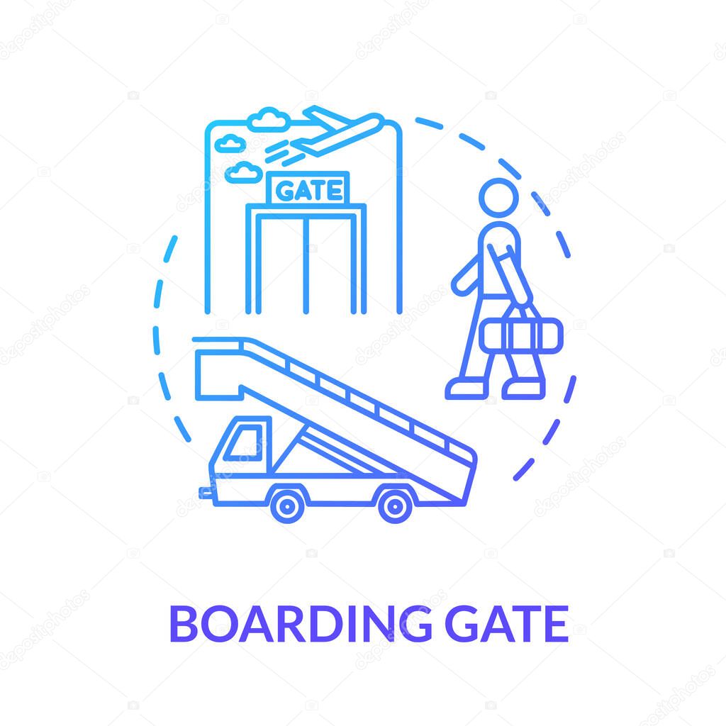 Boarding gate concept icon. Airport terminal. Airplane departure idea thin line illustration. Waiting area. Aircraft entry. Vector isolated outline RGB color drawing