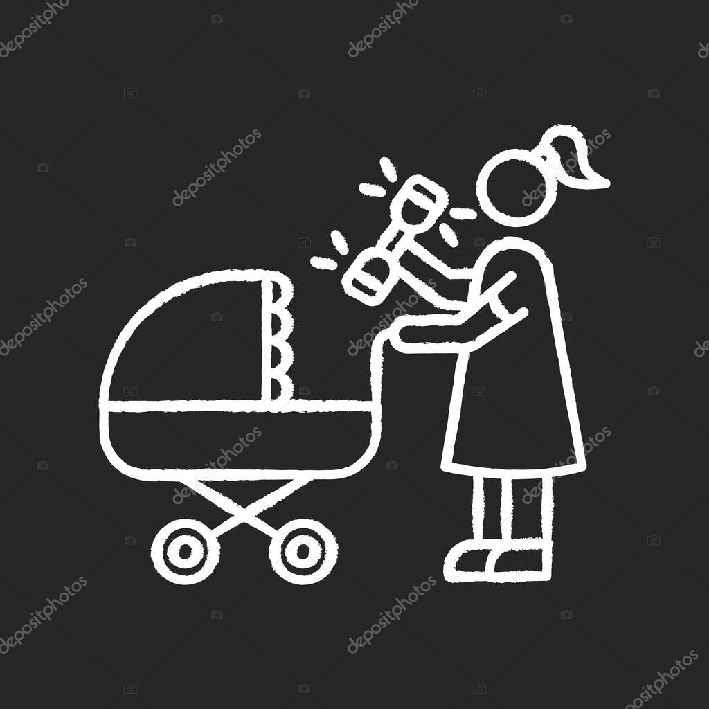 Newborn experience chalk white icon on black background. Woman with rattle toy. Mother with baby stroller. Mom go for walk. Maternity, child care. Isolated vector chalkboard illustration
