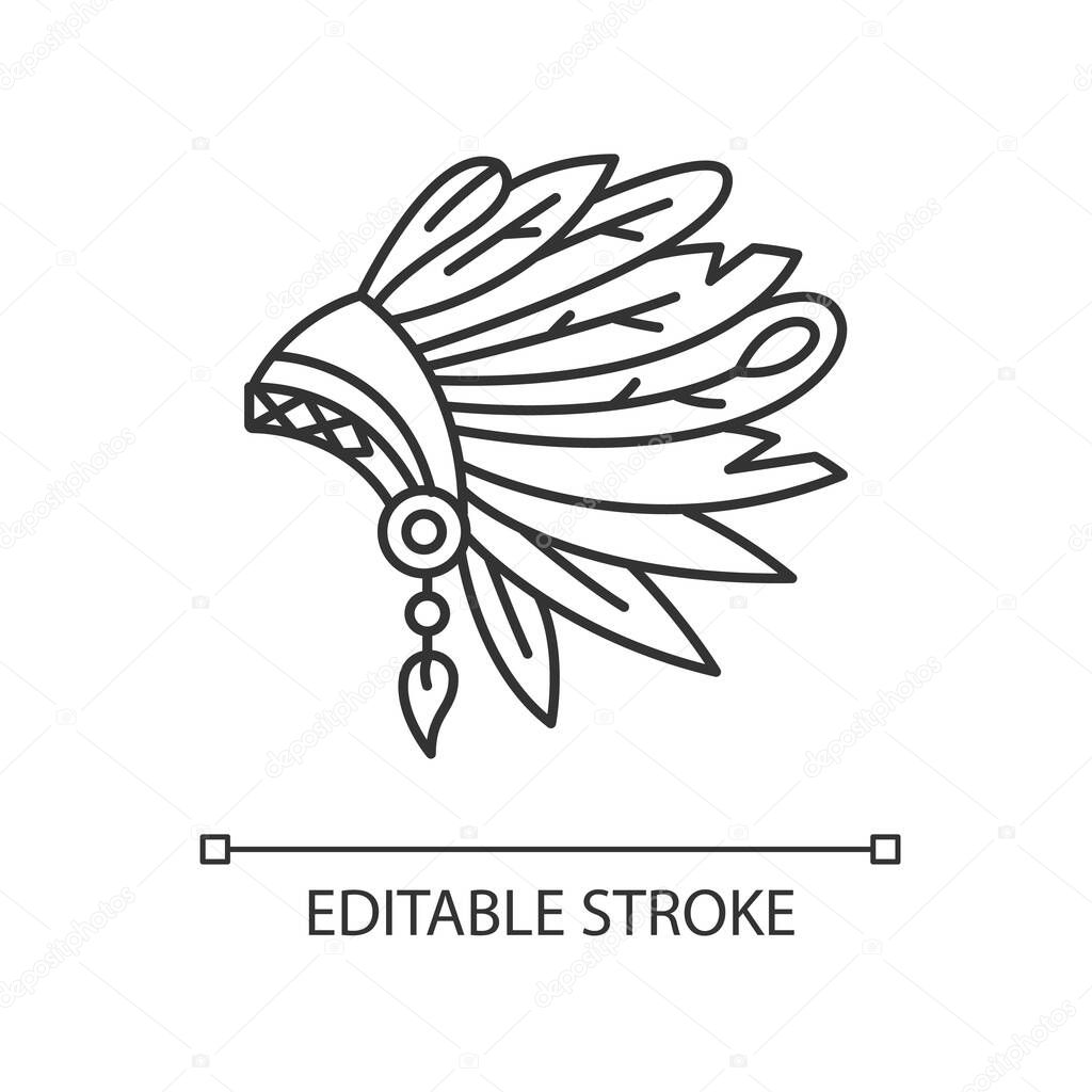 Native Indian American chief hat pixel perfect linear icon. Antique head wear. Thin line customizable illustration. Contour symbol. Vector isolated outline drawing. Editable stroke illustration