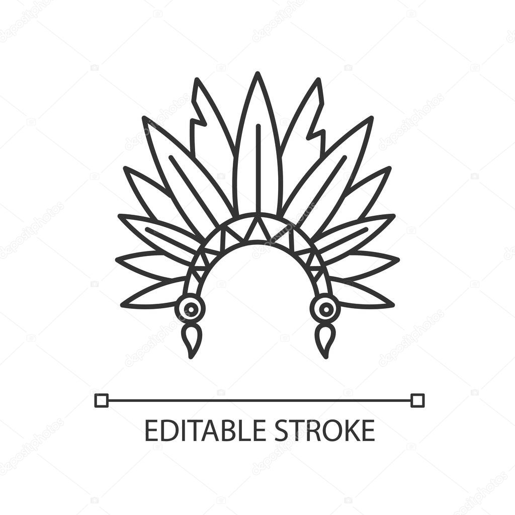 Native Indian American chief hat pixel perfect linear icon. Ancient headdress. Thin line customizable illustration. Contour symbol. Vector isolated outline drawing. Editable stroke illustration