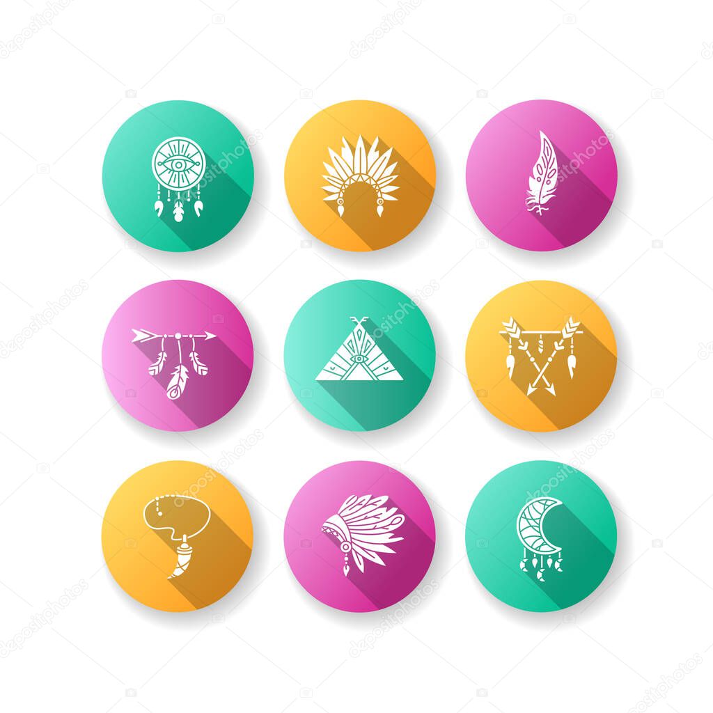 Native american indian accessories flat design long shadow glyph icons set. Tribe chief hat and teepee. Necklace with tooth, arrow with feathers. Silhouette RGB color illustration
