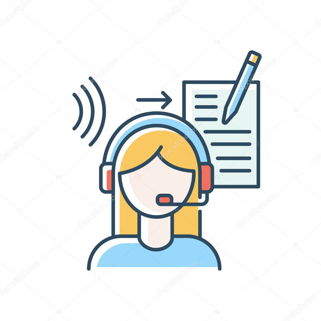Transcription blue RGB color icon. Linguist, translator. Listening and translation, foreign language representation, audio records conversion into text. Isolated vector illustration