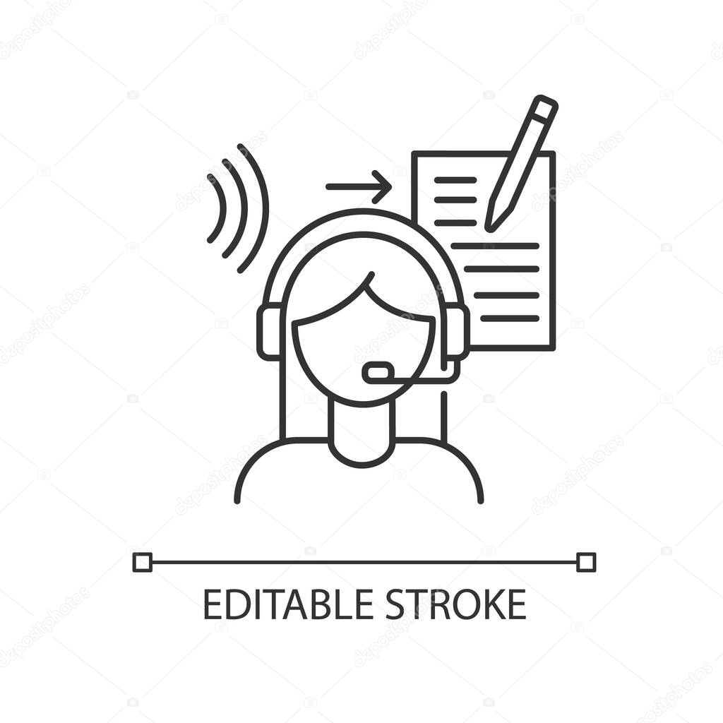 Transcription pixel perfect linear icon. Listening, translation, foreign language representation. Thin line customizable illustration. Contour symbol. Vector isolated outline drawing. Editable stroke