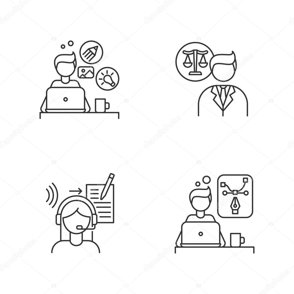 Distant workers pixel perfect linear icons set. Creative and graphic design, legal service. Customizable thin line contour symbols. Isolated vector outline illustrations. Editable stroke