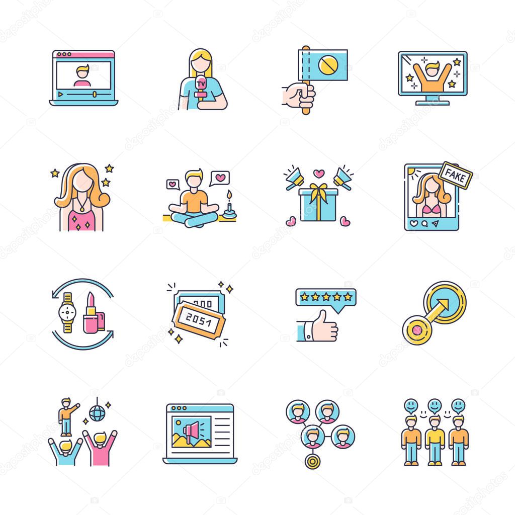 Social media promotion RGB color icons set. Barter of products. Mass effect. Native integration. Target marketing. Lifestyle blogger. Loyal audience. Raffle tickets. Isolated vector illustrations
