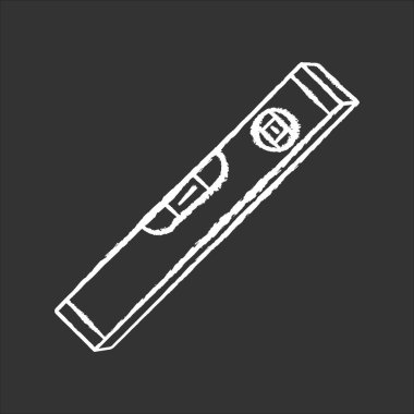 Siyah arkaplanda beyaz tebeşir simgesi. Doğruluk yüzey seviyesini ölçmek için inşa aracı. İnşaatın hassasiyetini belirlemek için marangoz aleti. İzole edilmiş vektör karatahta çizimi