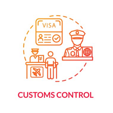 Gümrük kontrol konsepti ikonu. Yolcu belgeleri ince çizgi çizimlerini kontrol edin ve uçağa binin. Havaalanı terminali giriş yaptı. Vektör izole edilmiş RGB renk çizimi