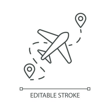 Uçak rotası pikseli mükemmel doğrusal simge. GPS noktası olan bir uçak. Varış yeri. İnce çizgi özelleştirilebilir illüstrasyon. Contour sembolü. Vektör izole çizim. Düzenlenebilir vuruş
