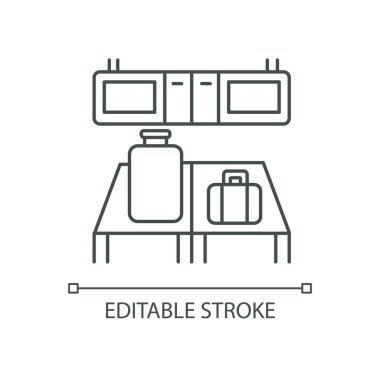 Bagaj kontrolü piksel mükemmel doğrusal simge. Havaalanı terminalinde masanın üstünde. İnce çizgi özelleştirilebilir illüstrasyon. Contour sembolü. Vektör izole çizim. Düzenlenebilir vuruş