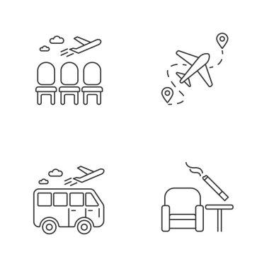 Havaalanı terminali pikseli mükemmel doğrusal simgeler ayarlandı. Yolcular için bekleme alanı. Uçak kalkıyor. Özelleştirilebilir ince çizgi şekilleri. İzole vektör çizimi çizimleri. Düzenlenebilir vuruş
