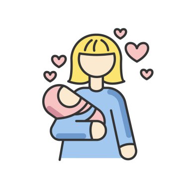 Bebek sever RGB renk simgesi. Ebeveynlik ve annelik. Bebek bakıcılığı için genç bir kadın. Anne ve oğul. Anne ve kızı. Küçük çocuğu büyüten bir ebeveyn. İzole vektör illüstrasyonu