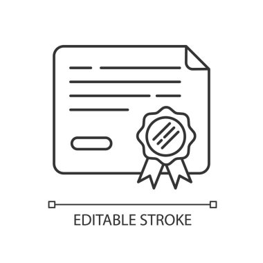 Sertifika pikseli mükemmel doğrusal simge. Üniversite diploması. Üniversite gazetesi. Resmi sözleşme. İnce çizgi özelleştirilebilir illüstrasyon. Contour sembolü. Vektör izole çizim. Düzenlenebilir vuruş