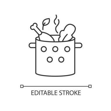 Yemek pikseli pişirmek mükemmel doğrusal simge. Haşlanmış tavuk çorbası. Yemek tarifi. Lokanta hazırlayın. İnce çizgi özelleştirilebilir illüstrasyon. Contour sembolü. Vektör izole çizim. Düzenlenebilir vuruş