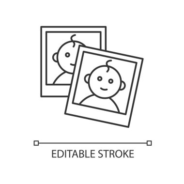 Ebeveyn pikseli için bebek fotoğrafı raporu mükemmel doğrusal simge. Çocuğun anlık fotoğrafları var. İnce çizgi özelleştirilebilir illüstrasyon. Contour sembolü. Vektör izole çizim. Düzenlenebilir vuruş