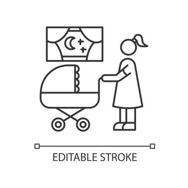 Gece dadısı pikseli mükemmel doğrusal simge. Bebek arabasında bebeği olan bir anne. Anne, çocuğu ara. İnce çizgi özelleştirilebilir illüstrasyon. Contour sembolü. Vektör izole çizim. Düzenlenebilir vuruş