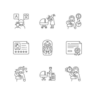 Bebek bakıcısı servis pikseli mükemmel doğrusal simgeler seti. Bebekle dil konuş. Çocuk yuvası. Özelleştirilebilir ince çizgi şekilleri. İzole vektör çizimi çizimleri. Düzenlenebilir vuruş