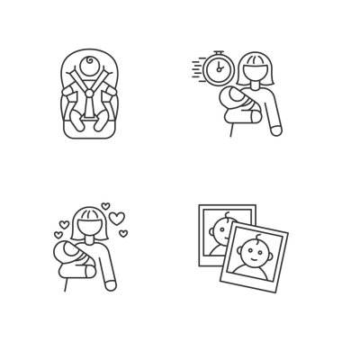 Bebek bakıcılığı servis pikseli mükemmel doğrusal simgeler ayarlandı. Çocuk taşımacılığı. Acil bebek bakıcısı. Özelleştirilebilir ince çizgi şekilleri. İzole vektör çizimi çizimleri. Düzenlenebilir vuruş