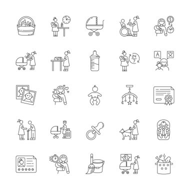 Bebek bakıcısı servis pikseli mükemmel doğrusal simgeler seti. Çocuk bakımı. Çocuklara yardım et. Tam zamanlı dadı. Özelleştirilebilir ince çizgi şekilleri. İzole vektör çizimi çizimleri. Düzenlenebilir vuruş