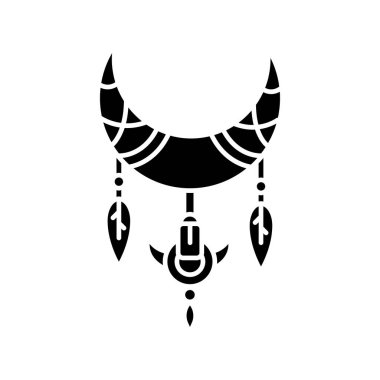 Hilal ve tüyler boho stili siyah sembol şeklinde. Kızılderili mistik sembolü. Ay tılsımlı bir düş kapanı. Beyaz uzayda siluet sembolü. Vektör izole illüstrasyonu