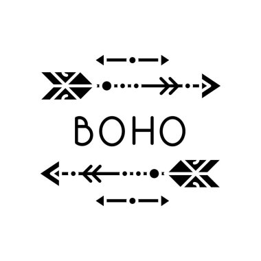 Boho estetik okları siyah simge simgesi. Bohem ve hippi tarzı aksesuarlar. Kabile büyüsü, vahşi ve özgür ruh işareti. Beyaz uzayda siluet sembolü. Vektör izole illüstrasyonu